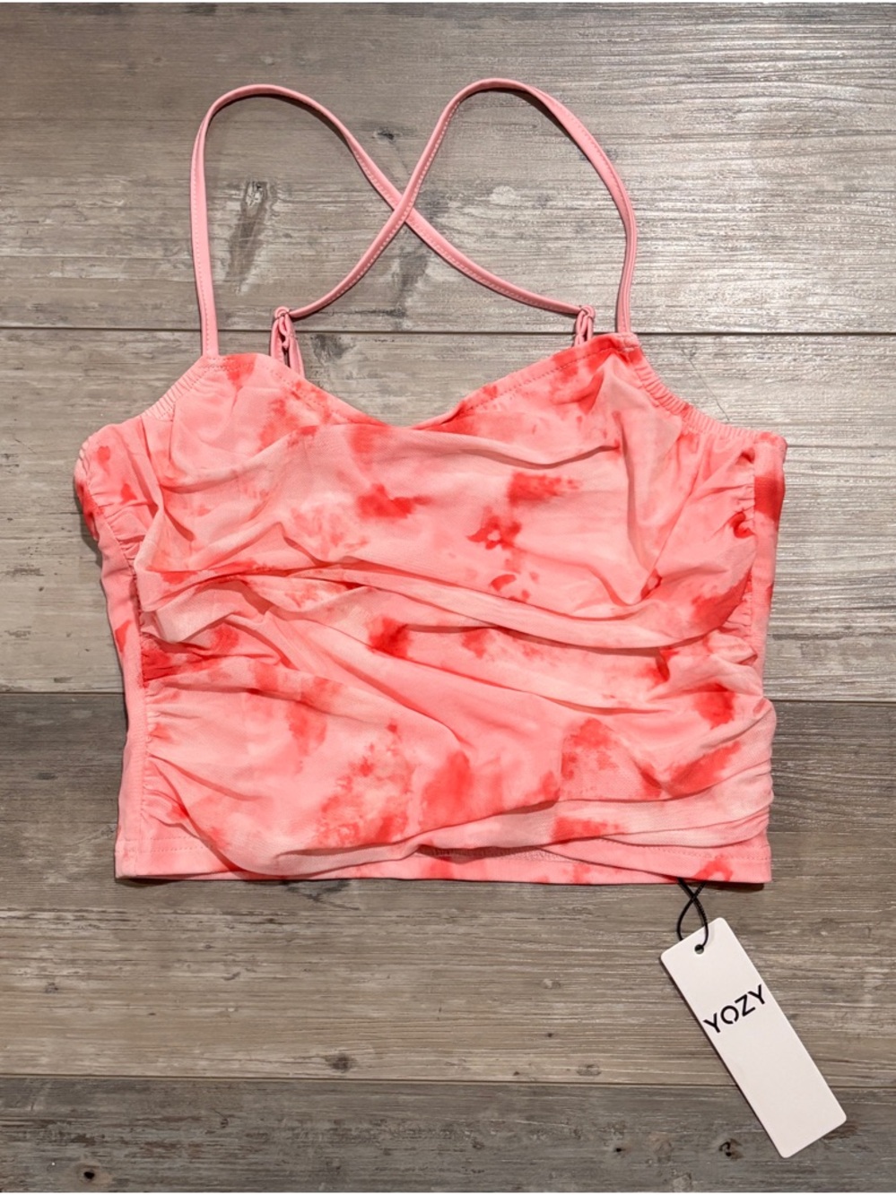 Yozy Pink Tie-Dye Strappy Cami Top – Ruched Y2K Crop (S) 🌸